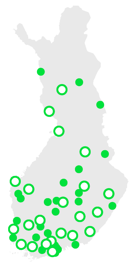 Paikalliset mielenterveysseurat ja kriisikeskukset eri puolilla Suomea (karttakuva johon on merkitty sijaintipaikat). Lisätietoa jäsenseurat-sivulla.