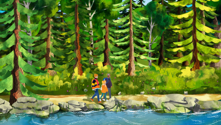 Kuva Tara ja säihkyvä metsä -nimaatiosta, perhe kävelee metsässä