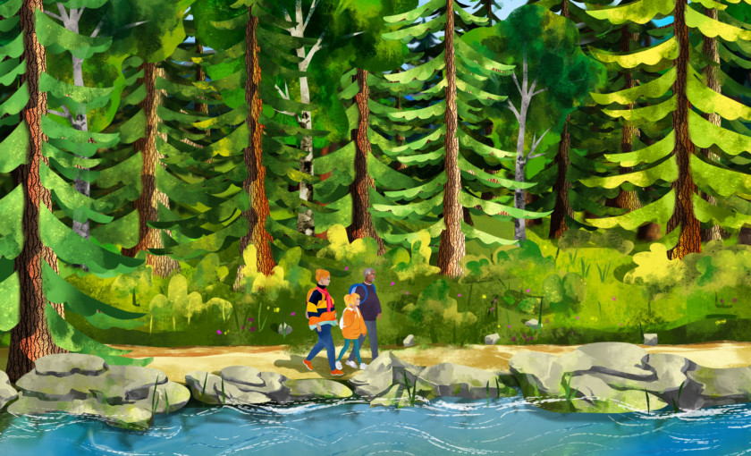 Kuva Tara ja säihkyvä metsä -nimaatiosta, perhe kävelee metsässä