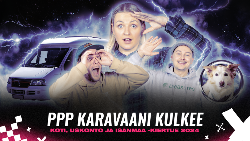 Teksti kuvassa: PPP karavaani kulkee, koti, uskonto ja isänmaa -kiertue 2024. Kuvassa juontajat Poikelus, Pehkonen ja Parikka.