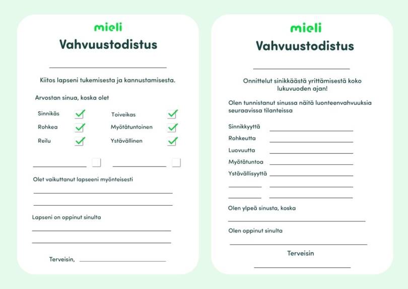Esimerkit vahvuustodistuksista.